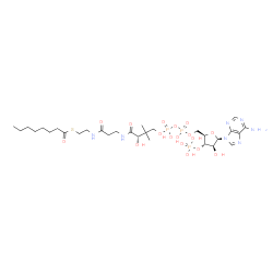 ChemSpider 2D Image | S-{(9S)-1-[(2R,3S,4S,5R)-5-(6-Amino-9H-purin-9-yl)-4-hydroxy-3-(phosphonooxy)tetrahydro-2-furanyl]-3,5,9-trihydroxy-8,8-dimethyl-3,5-dioxido-10,14-dioxo-2,4,6-trioxa-11,15-diaza-3lambda~5~,5lambda~5~-
diphosphaheptadecan-17-yl} octanethioate | C29H50N7O17P3S