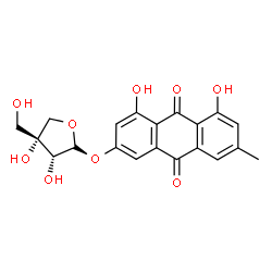 ChemSpider 2D Image | 3-{[(2R,3R,4R)-3,4-Dihydroxy-4-(hydroxymethyl)tetrahydro-2-furanyl]oxy}-1,8-dihydroxy-6-methyl-9,10-anthraquinone | C20H18O9