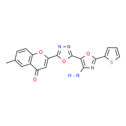 ChemSpider 2D Image | 2-{5-[4-Amino-2-(2-thienyl)-1,3-oxazol-5-yl]-1,3,4-oxadiazol-2-yl}-6-methyl-4H-chromen-4-one | C19H12N4O4S
