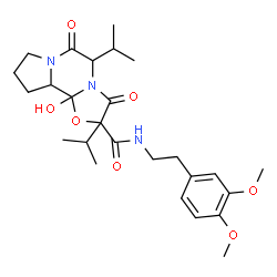 ChemSpider 2D Image | N-[2-(3,4-Dimethoxyphenyl)ethyl]-10b-hydroxy-2,5-diisopropyl-3,6-dioxooctahydro-8H-[1,3]oxazolo[3,2-a]pyrrolo[2,1-c]pyrazine-2-carboxamide | C26H37N3O7