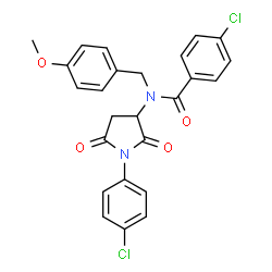 ChemSpider 2D Image | 4-Chloro-N-[1-(4-chlorophenyl)-2,5-dioxo-3-pyrrolidinyl]-N-(4-methoxybenzyl)benzamide | C25H20Cl2N2O4