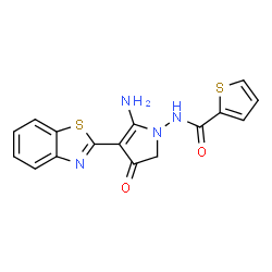 ChemSpider 2D Image | N-[5-Amino-4-(1,3-benzothiazol-2-yl)-3-oxo-2,3-dihydro-1H-pyrrol-1-yl]-2-thiophenecarboxamide | C16H12N4O2S2