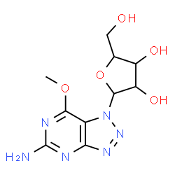 ChemSpider 2D Image | 7-Methoxy-1-pentofuranosyl-1H-[1,2,3]triazolo[4,5-d]pyrimidin-5-amine | C10H14N6O5