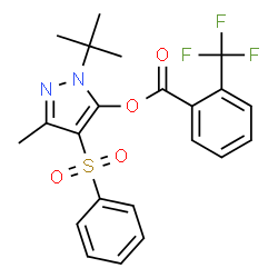 ChemSpider 2D Image | 3-Methyl-1-(2-methyl-2-propanyl)-4-(phenylsulfonyl)-1H-pyrazol-5-yl 2-(trifluoromethyl)benzoate | C22H21F3N2O4S