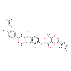 ChemSpider 2D Image | 6-[(8-Chloro-2-hydroxy-3-{[4-hydroxy-3-(3-methyl-2-buten-1-yl)benzoyl]amino}-4-oxo-4H-chromen-7-yl)oxy]-5-hydroxy-3-methoxy-2,2-dimethyltetrahydro-2H-pyran-4-yl 5-methyl-1H-pyrrole-2-carboxylate (non-
preferred name) | C35H37ClN2O11