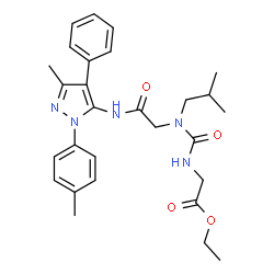 ChemSpider 2D Image | Ethyl N-[isobutyl(2-{[3-methyl-1-(4-methylphenyl)-4-phenyl-1H-pyrazol-5-yl]amino}-2-oxoethyl)carbamoyl]glycinate | C28H35N5O4