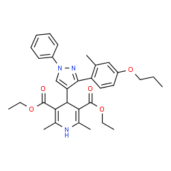 ChemSpider 2D Image | Diethyl 2,6-dimethyl-4-[3-(2-methyl-4-propoxyphenyl)-1-phenyl-1H-pyrazol-4-yl]-1,4-dihydro-3,5-pyridinedicarboxylate | C32H37N3O5