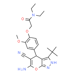 ChemSpider 2D Image | 2-[4-(6-Amino-3-tert-butyl-5-cyano-2,4-dihydropyrano[2,3-c]pyrazol-4-yl)-2-methoxyphenoxy]-N,N-diethylacetamide | C24H31N5O4
