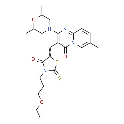 ChemSpider 2D Image | 2-(2,6-Dimethyl-4-morpholinyl)-3-{[3-(3-ethoxypropyl)-4-oxo-2-thioxo-1,3-thiazolidin-5-ylidene]methyl}-7-methyl-4H-pyrido[1,2-a]pyrimidin-4-one | C24H30N4O4S2