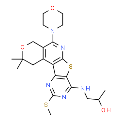 ChemSpider 2D Image | 1-{[2,2-Dimethyl-10-(methylsulfanyl)-5-(4-morpholinyl)-1,4-dihydro-2H-pyrano[4'',3'':4',5']pyrido[3',2':4,5]thieno[3,2-d]pyrimidin-8-yl]amino}-2-propanol | C22H29N5O3S2