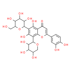 ChemSpider 2D Image | 2-(3,4-Dihydroxyphenyl)-5,7-dihydroxy-6-[3,4,5-trihydroxy-6-(hydroxymethyl)tetrahydro-2H-pyran-2-yl]-8-(3,4,5-trihydroxytetrahydro-2H-pyran-2-yl)-4H-chromen-4-one | C26H28O15