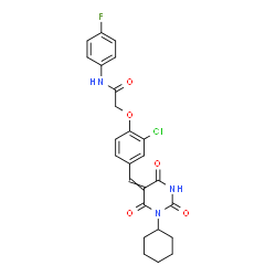 ChemSpider 2D Image | 2-{2-Chloro-4-[(1-cyclohexyl-2,4,6-trioxotetrahydro-5(2H)-pyrimidinylidene)methyl]phenoxy}-N-(4-fluorophenyl)acetamide | C25H23ClFN3O5