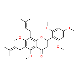 ChemSpider 2D Image | 5,7-Dimethoxy-6,8-bis(3-methyl-2-buten-1-yl)-2-(2,4,6-trimethoxyphenyl)-2,3-dihydro-4H-chromen-4-one | C30H38O7