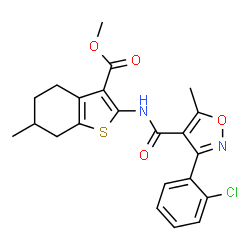 ChemSpider 2D Image | Methyl 2-({[3-(2-chlorophenyl)-5-methyl-1,2-oxazol-4-yl]carbonyl}amino)-6-methyl-4,5,6,7-tetrahydro-1-benzothiophene-3-carboxylate | C22H21ClN2O4S