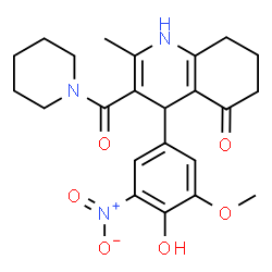 ChemSpider 2D Image | 4-(4-Hydroxy-3-methoxy-5-nitrophenyl)-2-methyl-3-(1-piperidinylcarbonyl)-4,6,7,8-tetrahydro-5(1H)-quinolinone | C23H27N3O6