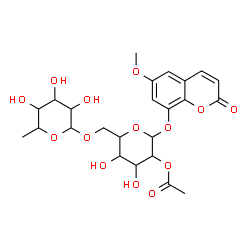 ChemSpider 2D Image | 6-Methoxy-2-oxo-2H-chromen-8-yl 2-O-acetyl-6-O-(6-deoxyhexopyranosyl)hexopyranoside | C24H30O14