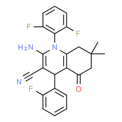 ChemSpider 2D Image | 2-Amino-1-(2,6-difluorophenyl)-4-(2-fluorophenyl)-7,7-dimethyl-5-oxo-1,4,5,6,7,8-hexahydro-3-quinolinecarbonitrile | C24H20F3N3O