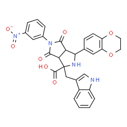 ChemSpider 2D Image | 3-(2,3-Dihydro-1,4-benzodioxin-6-yl)-1-(1H-indol-3-ylmethyl)-5-(3-nitrophenyl)-4,6-dioxooctahydropyrrolo[3,4-c]pyrrole-1-carboxylic acid | C30H24N4O8