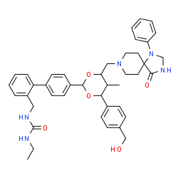 ChemSpider 2D Image | 1-Ethyl-3-[(4'-{4-[4-(hydroxymethyl)phenyl]-5-methyl-6-[(4-oxo-1-phenyl-1,3,8-triazaspiro[4.5]dec-8-yl)methyl]-1,3-dioxan-2-yl}-2-biphenylyl)methyl]urea | C42H49N5O5