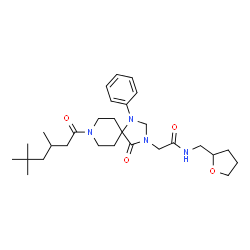 ChemSpider 2D Image | 2-[4-Oxo-1-phenyl-8-(3,5,5-trimethylhexanoyl)-1,3,8-triazaspiro[4.5]dec-3-yl]-N-(tetrahydro-2-furanylmethyl)acetamide | C29H44N4O4
