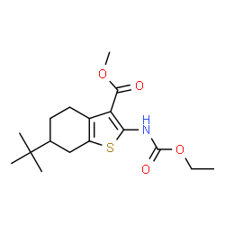 ChemSpider 2D Image | Methyl 2-[(ethoxycarbonyl)amino]-6-(2-methyl-2-propanyl)-4,5,6,7-tetrahydro-1-benzothiophene-3-carboxylate | C17H25NO4S