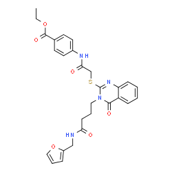 ChemSpider 2D Image | Ethyl 4-({[(3-{4-[(2-furylmethyl)amino]-4-oxobutyl}-4-oxo-3,4-dihydro-2-quinazolinyl)sulfanyl]acetyl}amino)benzoate | C28H28N4O6S