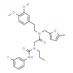 ChemSpider 2D Image | N-[2-(3,4-Dimethoxyphenyl)ethyl]-N~2~-[(3-fluorophenyl)carbamoyl]-N-[(5-methyl-2-furyl)methyl]-N~2~-propylglycinamide | C28H34FN3O5