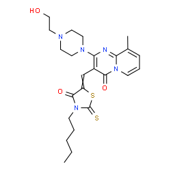 ChemSpider 2D Image | 2-[4-(2-Hydroxyethyl)-1-piperazinyl]-9-methyl-3-[(4-oxo-3-pentyl-2-thioxo-1,3-thiazolidin-5-ylidene)methyl]-4H-pyrido[1,2-a]pyrimidin-4-one | C24H31N5O3S2