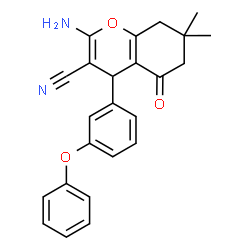 ChemSpider 2D Image | 2-Amino-7,7-dimethyl-5-oxo-4-(3-phenoxyphenyl)-5,6,7,8-tetrahydro-4H-chromene-3-carbonitrile | C24H22N2O3