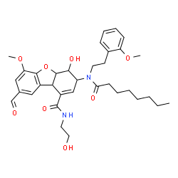 ChemSpider 2D Image | 8-Formyl-4-hydroxy-N-(2-hydroxyethyl)-6-methoxy-3-{[2-(2-methoxyphenyl)ethyl](octanoyl)amino}-3,4,4a,9b-tetrahydrodibenzo[b,d]furan-1-carboxamide | C34H44N2O8