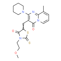ChemSpider 2D Image | 3-{[3-(2-Methoxyethyl)-4-oxo-2-thioxo-1,3-thiazolidin-5-ylidene]methyl}-9-methyl-2-(1-piperidinyl)-4H-pyrido[1,2-a]pyrimidin-4-one | C21H24N4O3S2