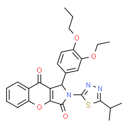 ChemSpider 2D Image | 1-(3-Ethoxy-4-propoxyphenyl)-2-(5-isopropyl-1,3,4-thiadiazol-2-yl)-1,2-dihydrochromeno[2,3-c]pyrrole-3,9-dione | C27H27N3O5S