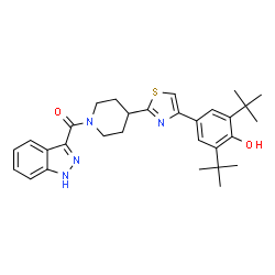 ChemSpider 2D Image | (4-{4-[4-Hydroxy-3,5-bis(2-methyl-2-propanyl)phenyl]-1,3-thiazol-2-yl}-1-piperidinyl)(1H-indazol-3-yl)methanone | C30H36N4O2S