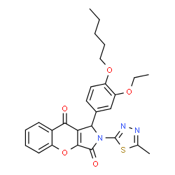 ChemSpider 2D Image | 1-[3-Ethoxy-4-(pentyloxy)phenyl]-2-(5-methyl-1,3,4-thiadiazol-2-yl)-1,2-dihydrochromeno[2,3-c]pyrrole-3,9-dione | C27H27N3O5S