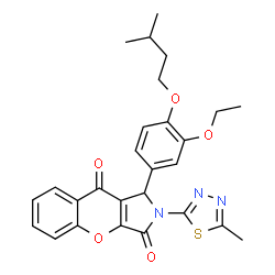 ChemSpider 2D Image | 1-[3-Ethoxy-4-(3-methylbutoxy)phenyl]-2-(5-methyl-1,3,4-thiadiazol-2-yl)-1,2-dihydrochromeno[2,3-c]pyrrole-3,9-dione | C27H27N3O5S