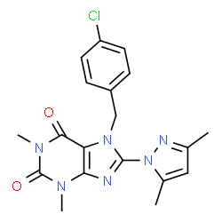 ChemSpider 2D Image | 7-(4-Chlorobenzyl)-8-(3,5-dimethyl-1H-pyrazol-1-yl)-1,3-dimethyl-3,7-dihydro-1H-purine-2,6-dione | C19H19ClN6O2