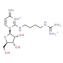 ChemSpider 2D Image | 2-({4-[(Diaminomethylene)ammonio]butyl}amino)-1-(beta-D-ribofuranosyl)-4(1H)-pyrimidiniminium | C14H27N7O4