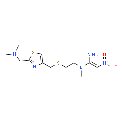 ChemSpider 2D Image | (E)-N-{2-[({2-[(Dimethylamino)methyl]-1,3-thiazol-4-yl}methyl)sulfanyl]ethyl}-N-methyl-2-nitro-1,1-ethenediamine | C12H21N5O2S2