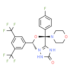 ChemSpider 2D Image | 5-[(R)-{(1R)-1-[3,5-Bis(trifluoromethyl)phenyl]ethoxy}(4-fluorophenyl)4-morpholinylmethyl]-1,2-dihydro-3H-1,2,4-triazol-3-one | C23H21F7N4O3