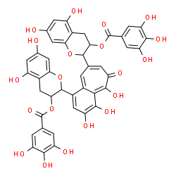 ChemSpider 2D Image | (3,4,5-Trihydroxy-6-oxo-6H-benzo[7]annulene-1,8-diyl)bis(5,7-dihydroxy-3,4-dihydro-2H-chromene-2,3-diyl) bis(3,4,5-trihydroxybenzoate) | C43H32O20
