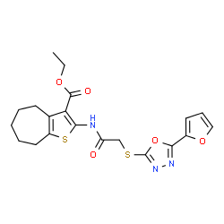 ChemSpider 2D Image | Ethyl 2-[({[5-(2-furyl)-1,3,4-oxadiazol-2-yl]sulfanyl}acetyl)amino]-5,6,7,8-tetrahydro-4H-cyclohepta[b]thiophene-3-carboxylate | C20H21N3O5S2