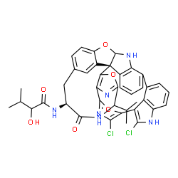ChemSpider 2D Image | N-[(13S,20S)-3,35-Dichloro-10-isopropyl-12-oxo-8,37,40-trioxa-4,11,22,34,39-pentaazadecacyclo[27.6.1.1~2,5~.1~6,9~.1~15,19~.1~18,21~.0~7,20~.0~20,24~.0~23,28~.0~33,36~]tetraconta-1(35),2,4,6,9(39),15(
38),16,18,23,25,27,29(36),30,32-tetradecaen-13-yl]-2-hydroxy-3-methylbutanamide | C40H34Cl2N6O6