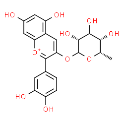 ChemSpider 2D Image | 2-(3,4-Dihydroxyphenyl)-5,7-dihydroxy-3-chromeniumyl (3xi)-6-deoxy-L-lyxo-hexopyranoside | C21H21O10