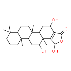 ChemSpider 2D Image | 1,4,13-Trihydroxy-5b,8,8,11a,13a-pentamethyl-4,5,5a,5b,6,7,7a,8,9,10,11,11a,11b,12,13,13a-hexadecahydrochryseno[1,2-c]furan-3(1H)-one | C25H38O5