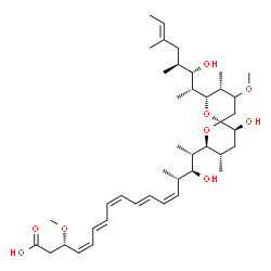 ChemSpider 2D Image | (3S,4Z,6E,8Z,10E,12Z,14S,15S,16S)-15-Hydroxy-16-{(2S,3S,5S,6R,8R,9R)-5-hydroxy-8-[(2R,3S,4S,6E)-3-hydroxy-4,6-dimethyl-6-octen-2-yl]-10-methoxy-3,9-dimethyl-1,7-dioxaspiro[5.5]undec-2-yl}-3-methoxy-14
-methyl-4,6,8,10,12-heptadecapentaenoic acid | C41H66O9