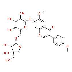 ChemSpider 2D Image | 6-Methoxy-3-(4-methoxyphenyl)-4-oxo-4H-chromen-7-yl 6-O-[(2R)-3,4-dihydroxy-4-(hydroxymethyl)tetrahydro-2-furanyl]-beta-D-glucopyranoside | C28H32O14