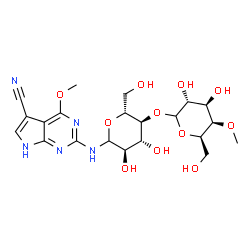 ChemSpider 2D Image | N-(5-Cyano-4-methoxy-1H-pyrrolo[2,3-d]pyrimidin-2-yl)-4-O-(4-O-methyl-D-galactopyranosyl)-D-glucopyranosylamine | C21H29N5O11