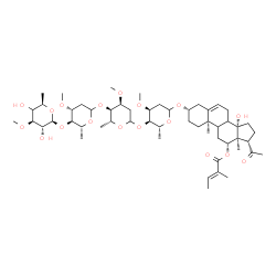 ChemSpider 2D Image | (3beta,8xi,9xi,12beta,14beta)-3-{[(4xi)-6-Deoxy-3-O-methyl-beta-D-xylo-hexopyranosyl-(1->4)-2,6-dideoxy-3-O-methyl-D-arabino-hexopyranosyl-(1->4)-2,6-dideoxy-3-O-methyl-D-ribo-hexopyranosyl-(1->4)-2,6
-dideoxy-3-O-methyl-D-ribo-hexopyranosyl]oxy}-14-hydroxy-20-oxopregn-5-en-12-yl (2E)-2-methyl-2-butenoate | C54H86O18