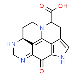 ChemSpider 2D Image | (8aS)-5-Oxo-2,4,5,7,8,8a,9,10-octahydro-1H-4,6,8,10a-tetraazacyclopenta[cd]pyrene-1-carboxylic acid | C15H14N4O3