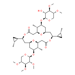ChemSpider 2D Image | (1S,3S,7S,8S,9S,11S,13S,17S,18S,19S)-19-[(3,4-Di-O-methyl-beta-D-xylopyranosyl)oxy]-8,18-dimethyl-3,13-bis[(1R,2R)-2-methylcyclopropyl]-5,15-dioxo-4,14,21,22-tetraoxatricyclo[15.3.1.1~7,11~]docos-9-yl
 2,3,4-tri-O-methyl-beta-D-xylopyranoside | C43H70O16